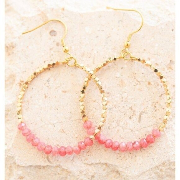 Red Jade Pink Sparkly Gold Beaded Earring Gemstone dangle hoops vacation jewelry - Picture 5 of 10